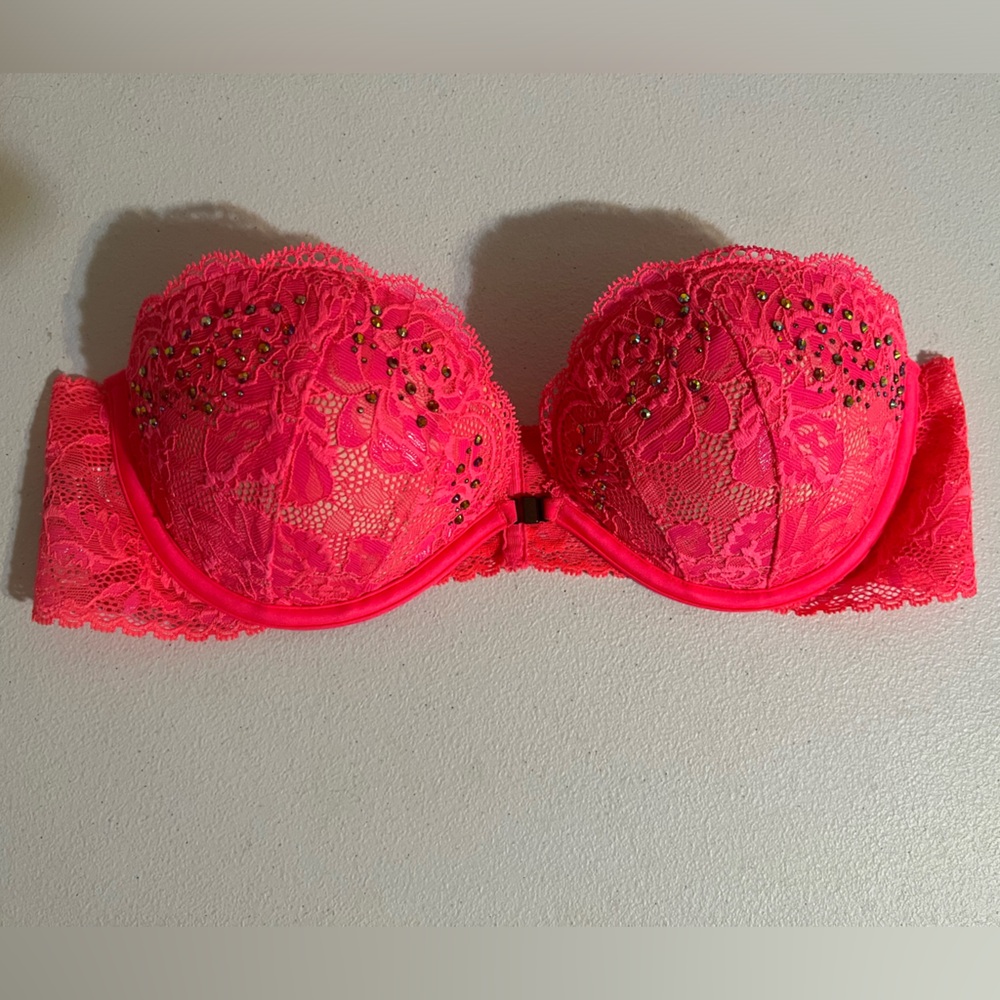 Victoria Secret Hot Pink Rhinestone Strapless Lace Bra Sparkly Neon Cupped | 34B